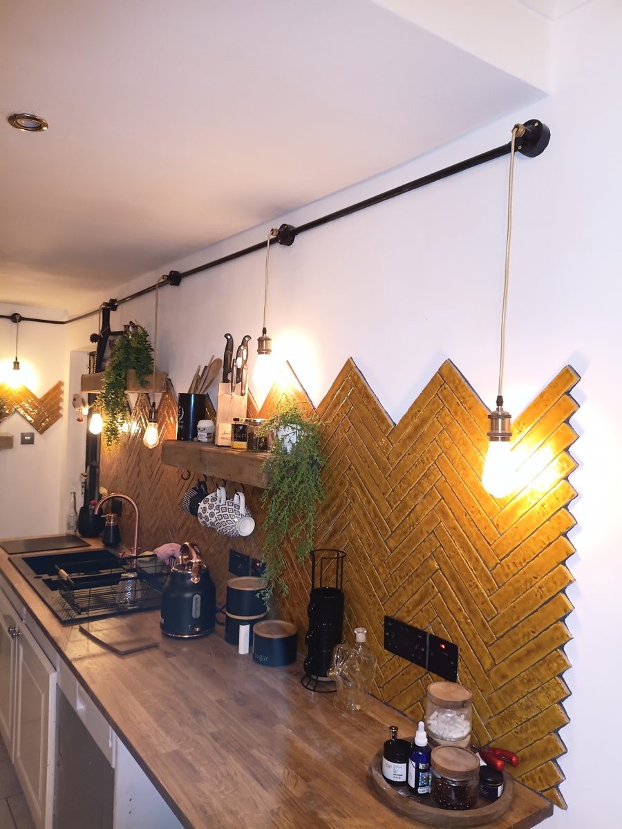 Bespoke lighting & herringbone tiling — Finished kitchen lighting and tiling